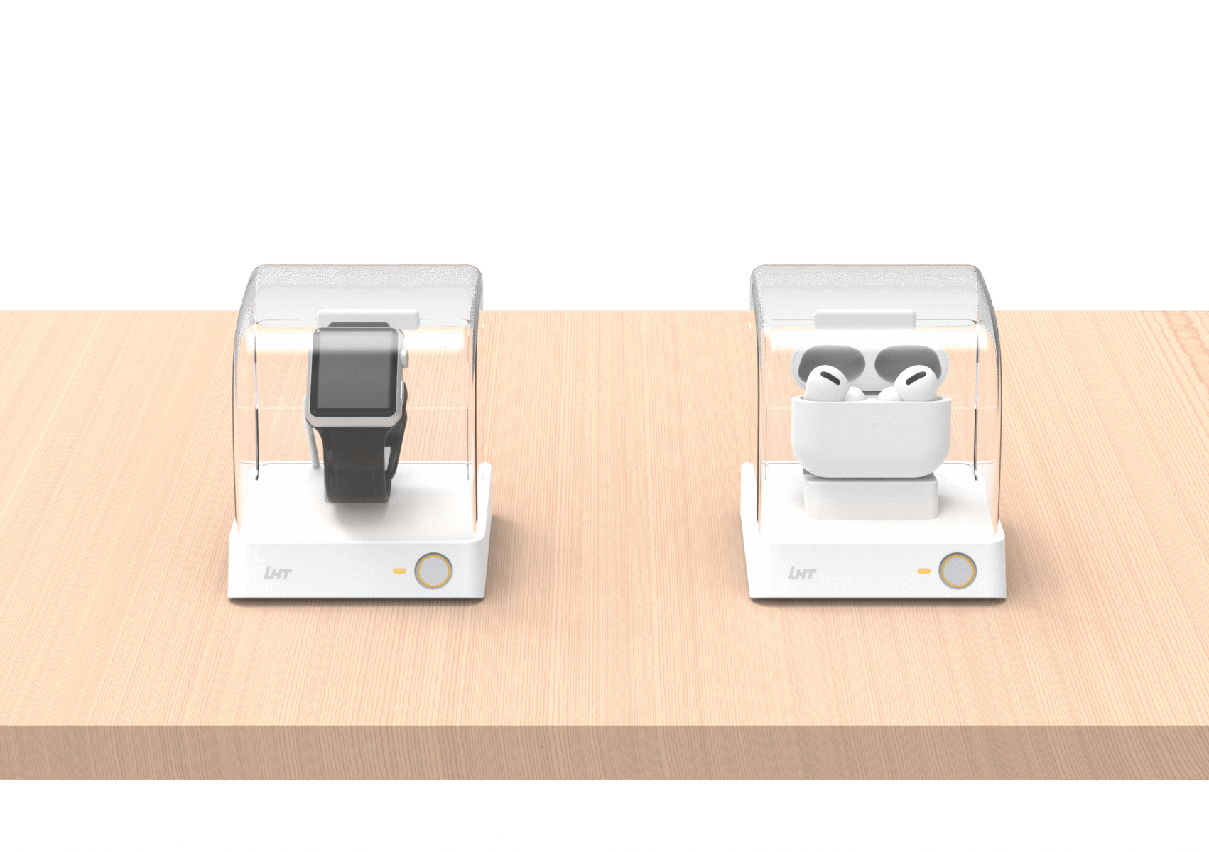 Smartwatches und Kopfhörer auf Präsentationsmodul mit integrierter Diebstahlsicherung